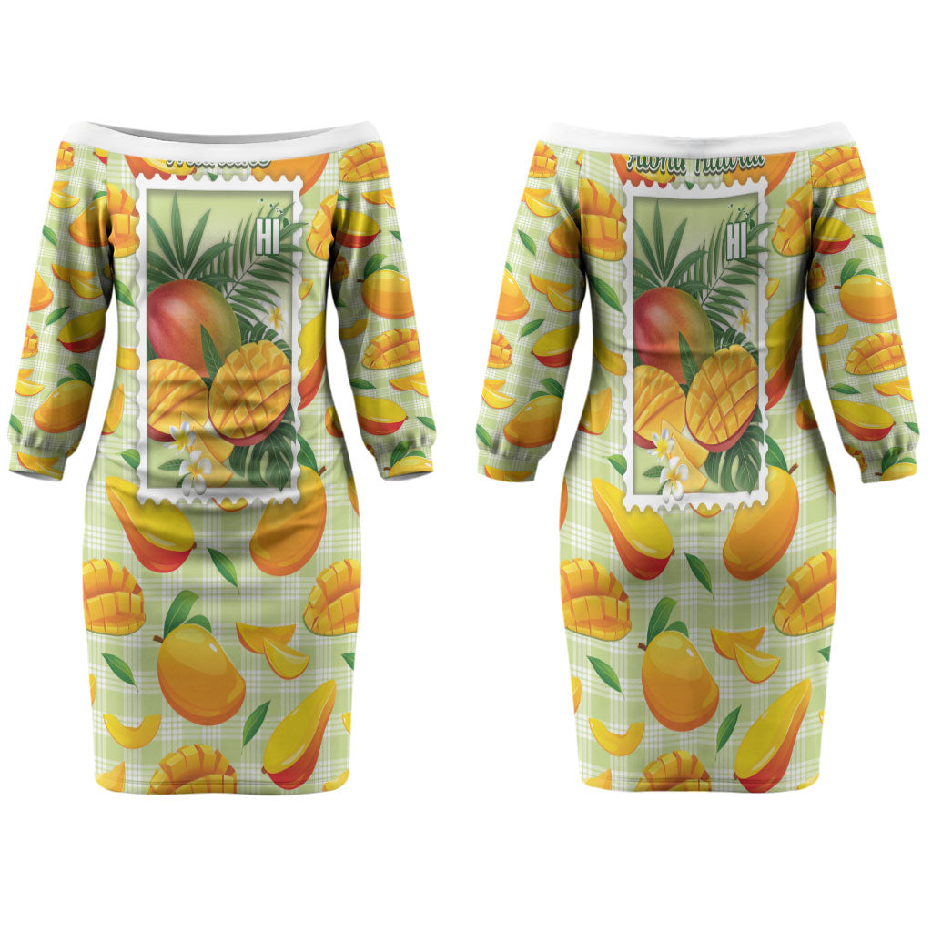 Aloha Hawaii Manako Palaka Motifs Family Matching Off The Shoulder Long Sleeve Dress and Hawaiian Shirt Hawaiian Mango Stylized Stamp LT14 Mom's Dress Yellow - Polynesian Pride