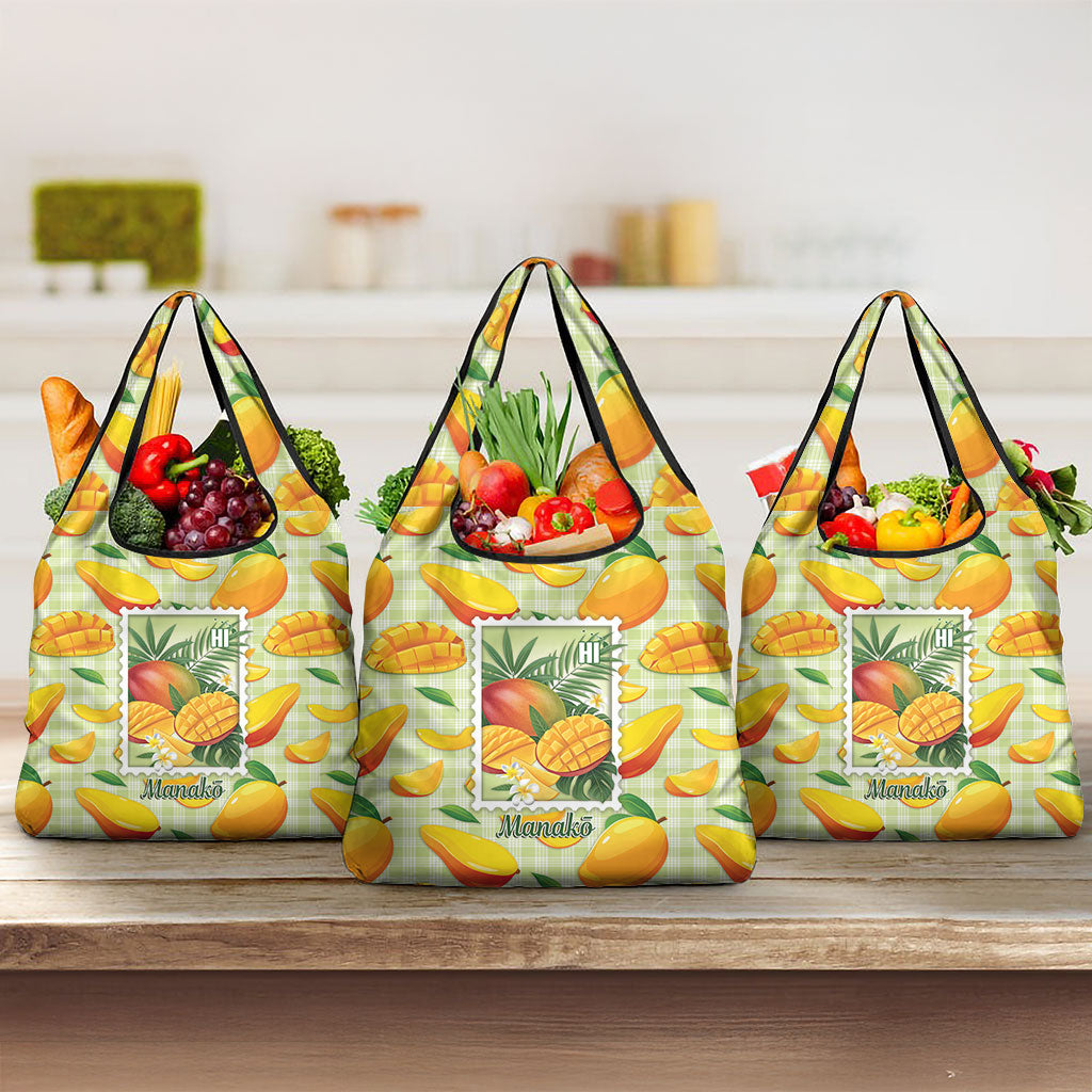 Aloha Hawaii Manako Palaka Motifs Grocery Bag Hawaiian Mango Stylized Stamp LT14 3-pack One Size Yellow - Polynesian Pride