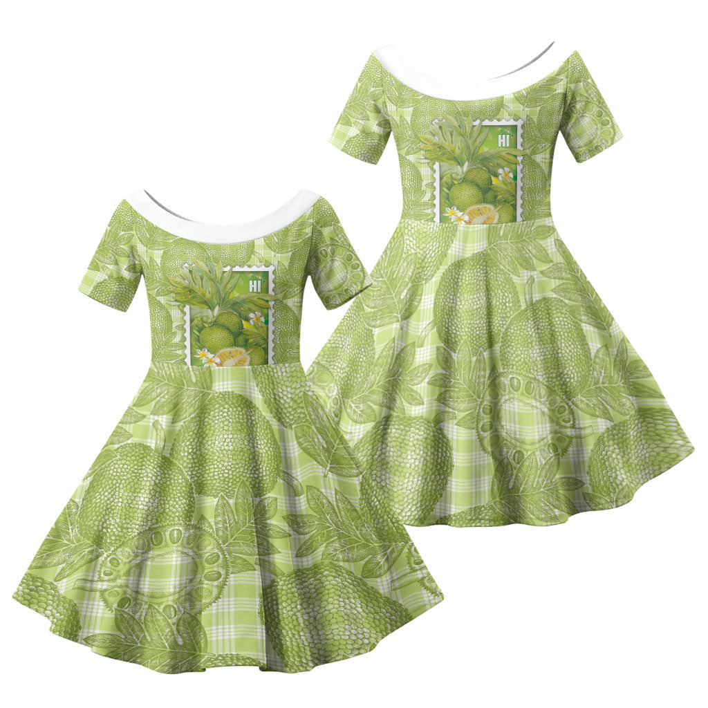 Aloha Hawaii Ulu Palaka Motifs Family Matching Mermaid Dress and Hawaiian Shirt Hawaiian Breadfruit Stylized Stamp LT14 Daughter's Dress Green - Polynesian Pride