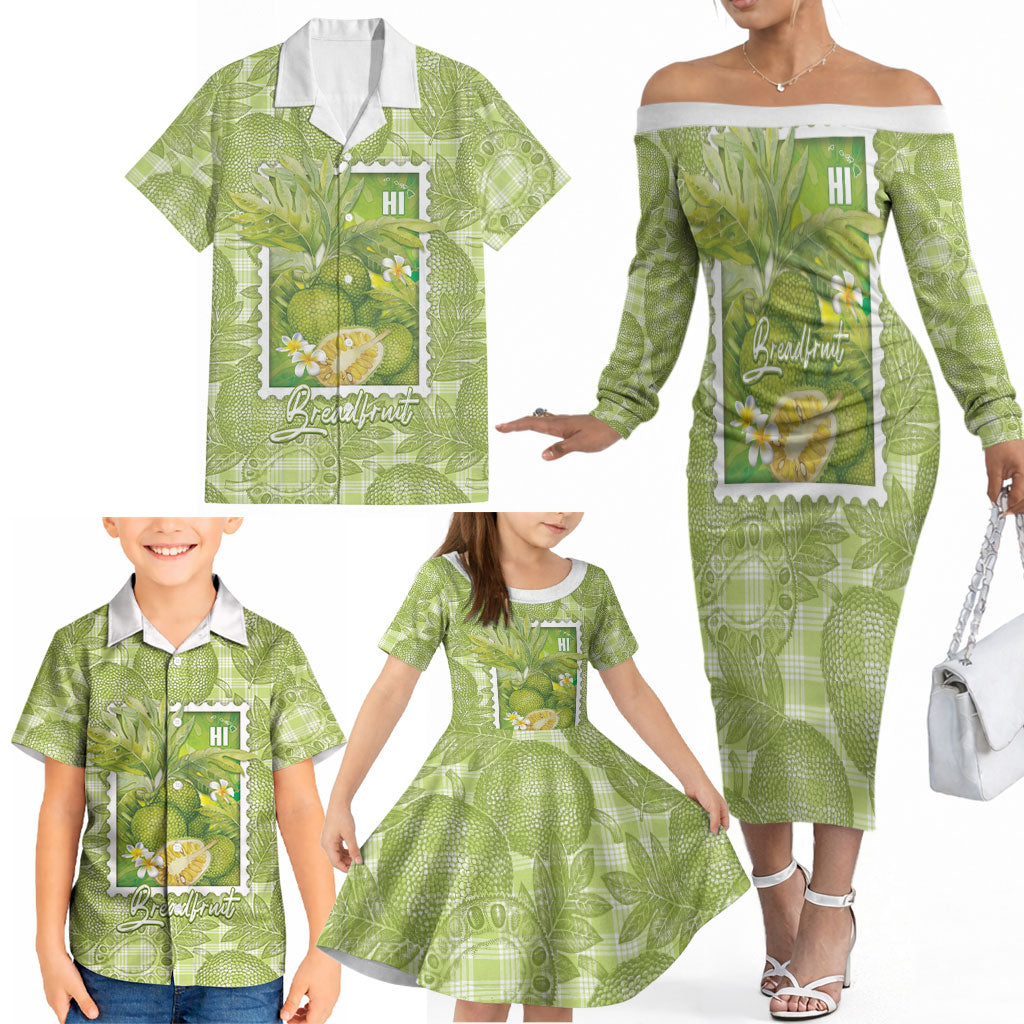 Aloha Hawaii Ulu Palaka Motifs Family Matching Off The Shoulder Long Sleeve Dress and Hawaiian Shirt Hawaiian Breadfruit Stylized Stamp LT14 - Polynesian Pride