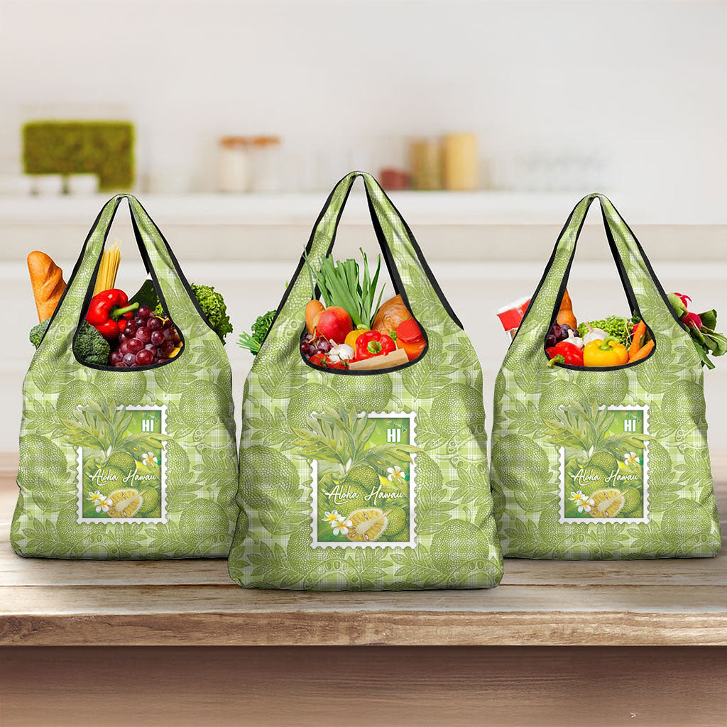 Aloha Hawaii Ulu Palaka Motifs Grocery Bag Hawaiian Breadfruit Stylized Stamp LT14 3-pack One Size Green - Polynesian Pride