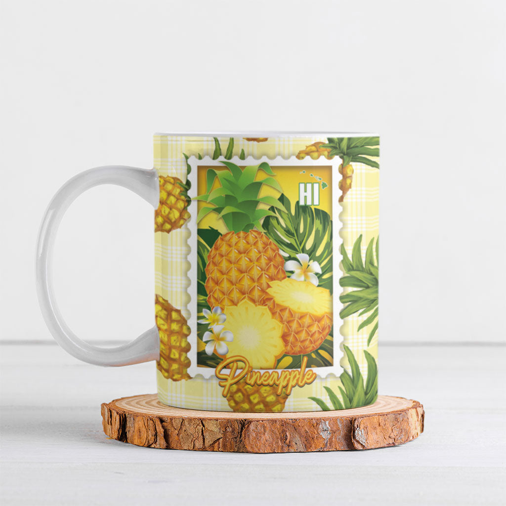 Aloha Hawaii Hala Kahiki Palaka Motifs Ceramic Mug Hawaiian Pineapple Stylized Stamp LT14 Yellow - Polynesian Pride