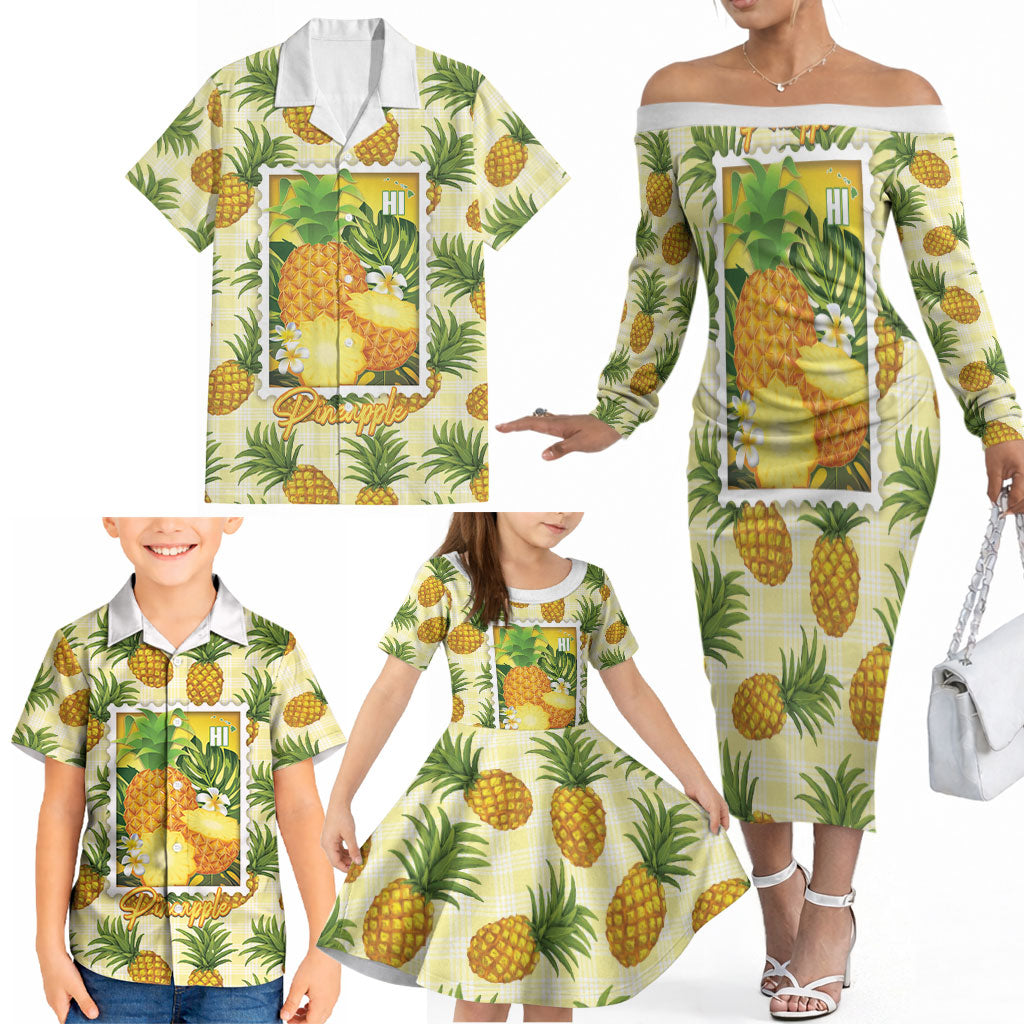 Aloha Hawaii Hala Kahiki Palaka Motifs Family Matching Off The Shoulder Long Sleeve Dress and Hawaiian Shirt Hawaiian Pineapple Stylized Stamp LT14 - Polynesian Pride