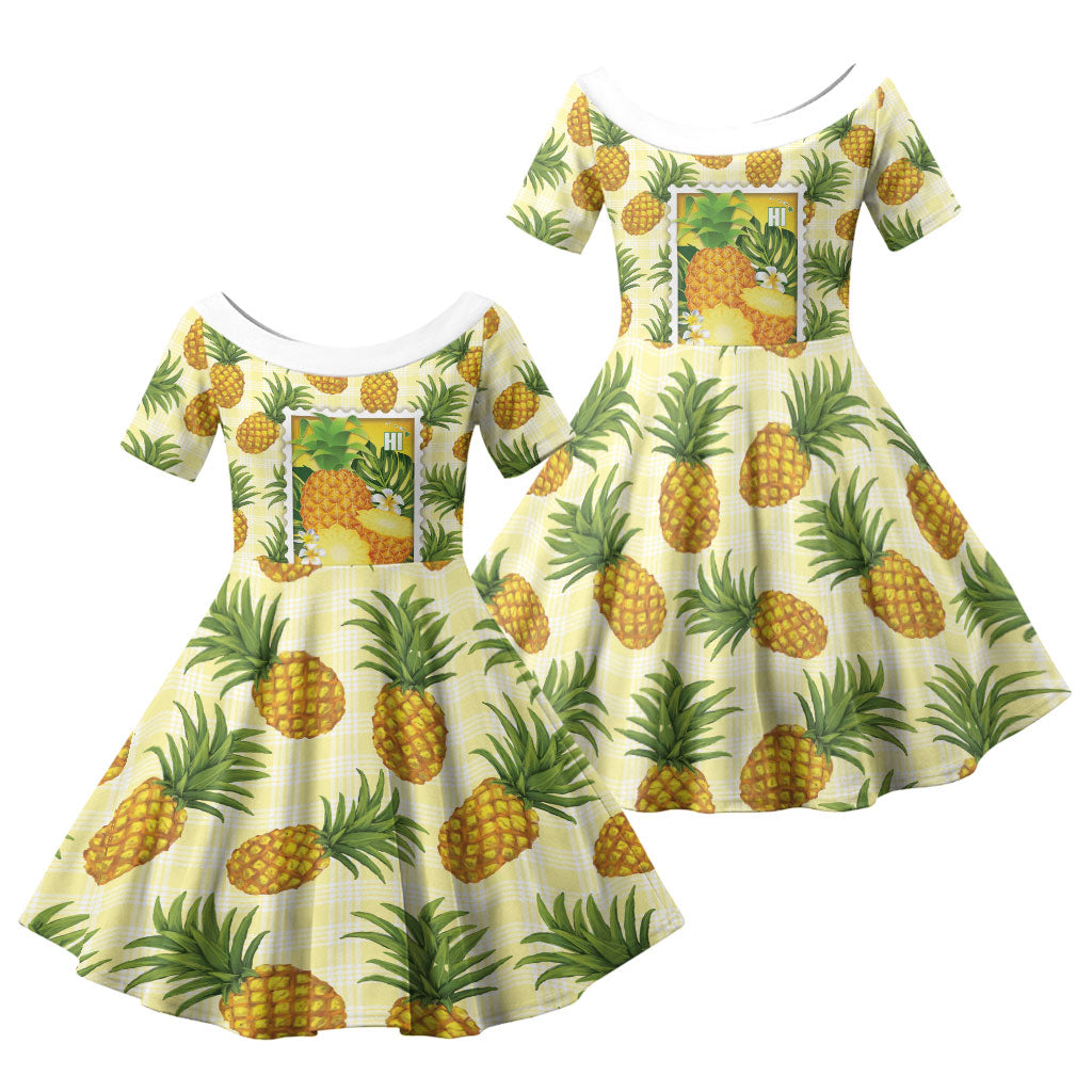 Aloha Hawaii Hala Kahiki Palaka Motifs Family Matching Off The Shoulder Long Sleeve Dress and Hawaiian Shirt Hawaiian Pineapple Stylized Stamp LT14 Daughter's Dress Yellow - Polynesian Pride