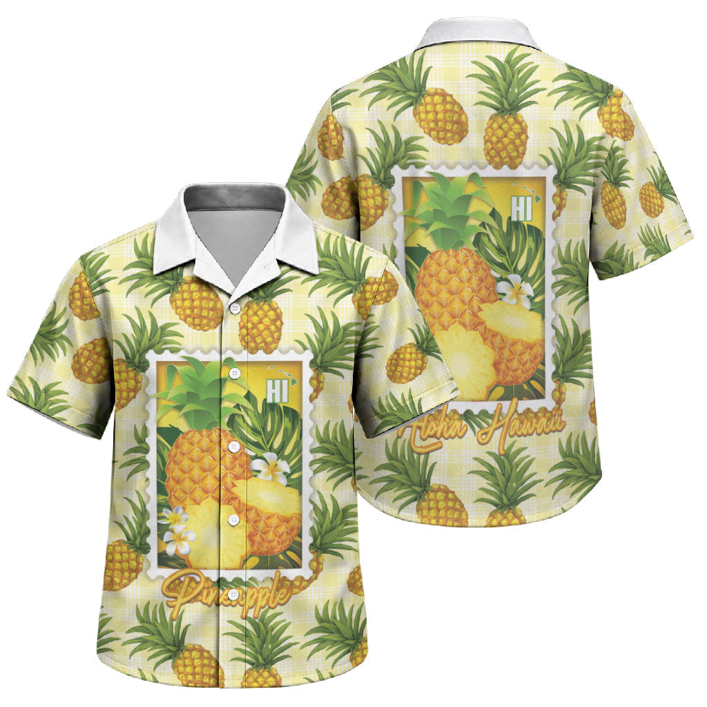 Aloha Hawaii Hala Kahiki Palaka Motifs Family Matching Off The Shoulder Long Sleeve Dress and Hawaiian Shirt Hawaiian Pineapple Stylized Stamp LT14 Son's Shirt Yellow - Polynesian Pride
