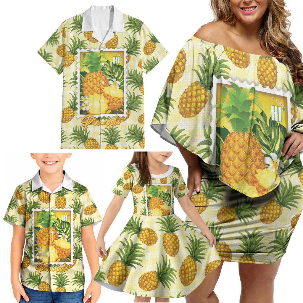 Aloha Hawaii Hala Kahiki Palaka Motifs Family Matching Off Shoulder Short Dress and Hawaiian Shirt Hawaiian Pineapple Stylized Stamp LT14 - Polynesian Pride