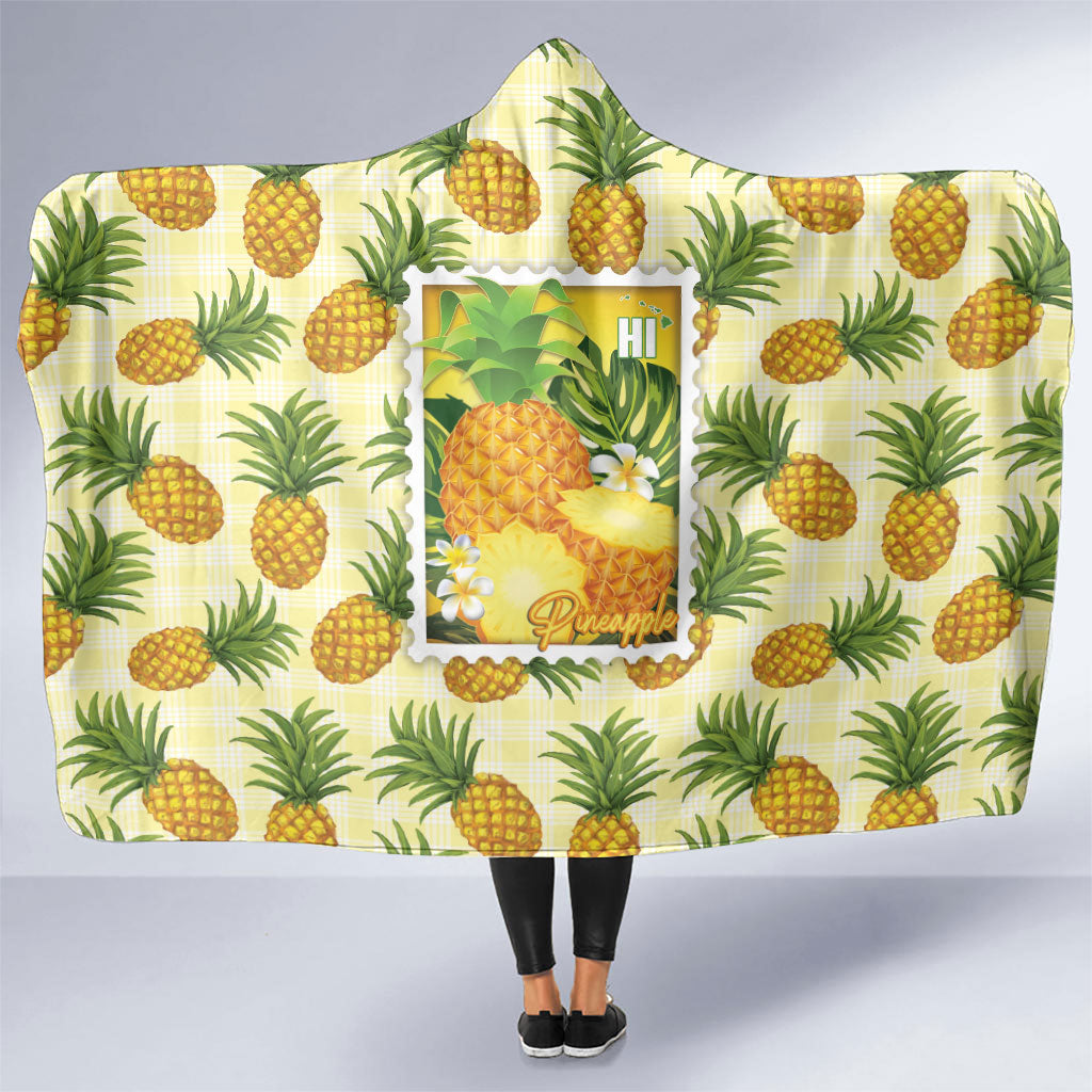 Aloha Hawaii Hala Kahiki Palaka Motifs Hooded Blanket Hawaiian Pineapple Stylized Stamp LT14 One Size Yellow - Polynesian Pride