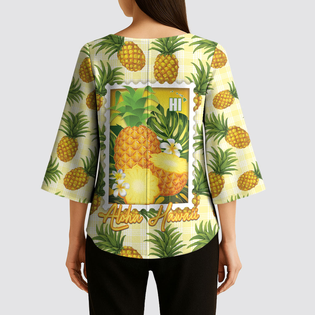 Aloha Hawaii Hala Kahiki Palaka Motifs Kimono Sleeve Blouse Hawaiian Pineapple Stylized Stamp LT14 - Polynesian Pride