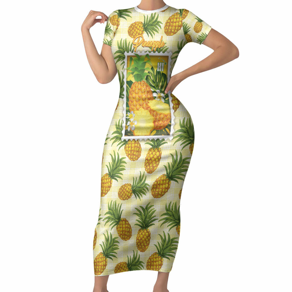 Aloha Hawaii Hala Kahiki Palaka Motifs Short Sleeve Bodycon Dress Hawaiian Pineapple Stylized Stamp LT14 Long Dress Yellow - Polynesian Pride