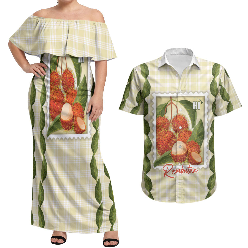 Aloha Hawaii Rambutan Palaka Motifs Couples Matching Off Shoulder Maxi Dress and Hawaiian Shirt Hawaiian Fruit Stylized Stamp LT14 Yellow - Polynesian Pride