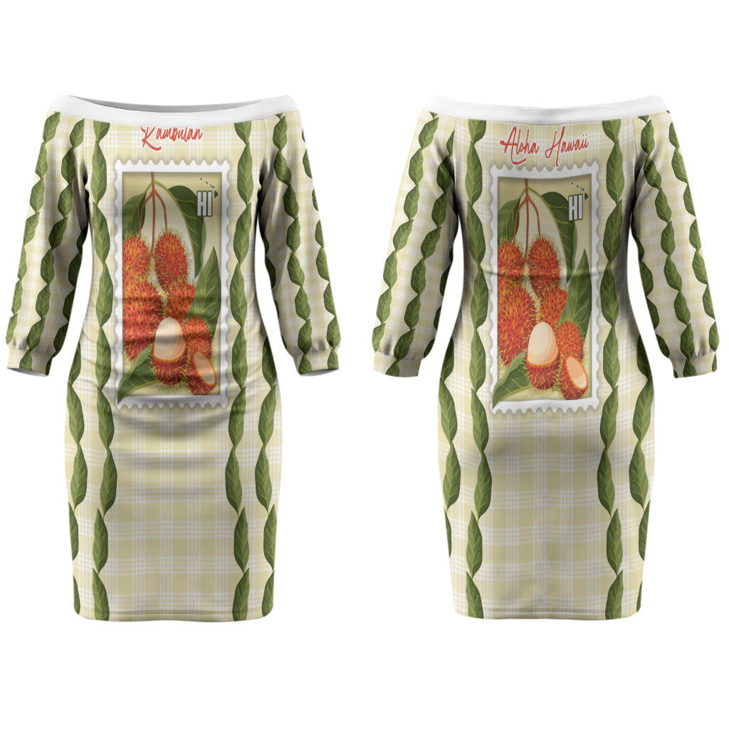 Aloha Hawaii Rambutan Palaka Motifs Couples Matching Off The Shoulder Long Sleeve Dress and Hawaiian Shirt Hawaiian Fruit Stylized Stamp LT14 - Polynesian Pride