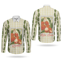 Aloha Hawaii Rambutan Palaka Motifs Couples Matching Off The Shoulder Long Sleeve Dress and Long Sleeve Button Shirt Hawaiian Fruit Stylized Stamp LT14 - Polynesian Pride
