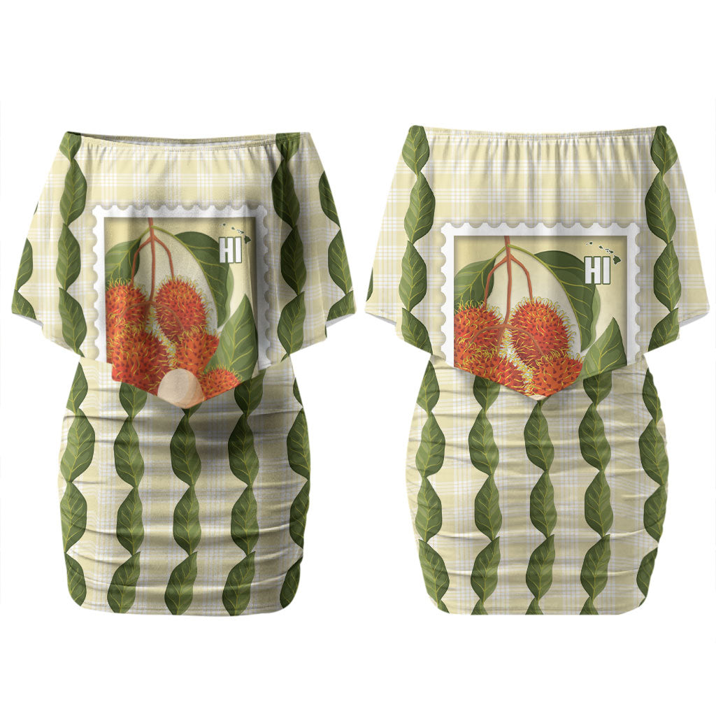 Aloha Hawaii Rambutan Palaka Motifs Family Matching Off Shoulder Short Dress and Hawaiian Shirt Hawaiian Fruit Stylized Stamp LT14 Mom's Dress Yellow - Polynesian Pride