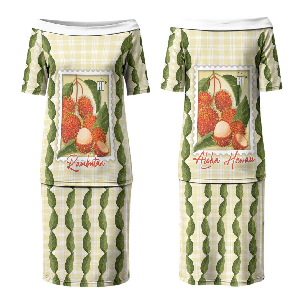 Aloha Hawaii Rambutan Palaka Motifs Family Matching Puletasi and Hawaiian Shirt Hawaiian Fruit Stylized Stamp LT14 Mom's Dress Yellow - Polynesian Pride