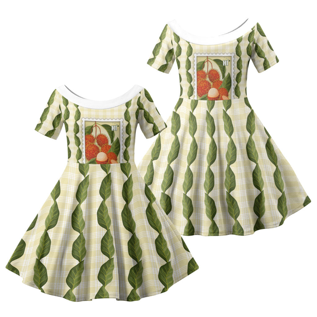 Aloha Hawaii Rambutan Palaka Motifs Family Matching Puletasi and Hawaiian Shirt Hawaiian Fruit Stylized Stamp LT14 Daughter's Dress Yellow - Polynesian Pride
