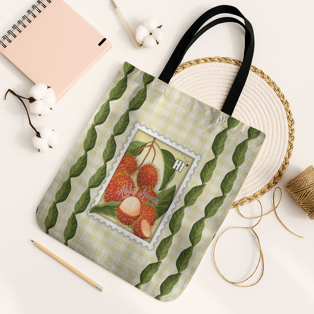 Aloha Hawaii Rambutan Palaka Motifs Tote Bag Hawaiian Fruit Stylized Stamp LT14 Black Strap One Size Yellow - Polynesian Pride