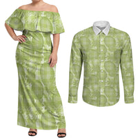 Omaomao Hawaii Breadfruit Palaka Motifs Couples Matching Off Shoulder Maxi Dress and Long Sleeve Button Shirt LT14 Green - Polynesian Pride