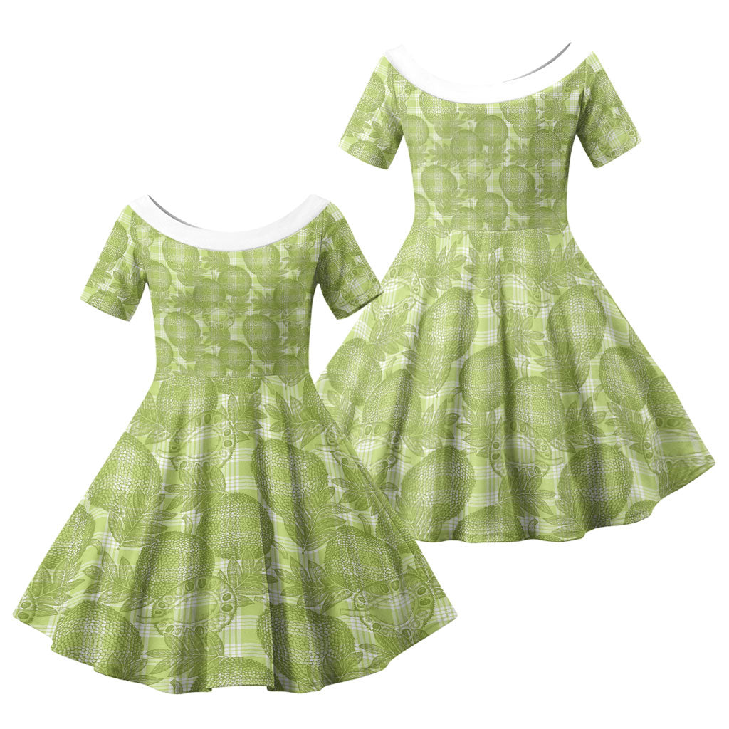 Omaomao Hawaii Breadfruit Palaka Motifs Family Matching Off Shoulder Maxi Dress and Hawaiian Shirt LT14 Daughter's Dress Green - Polynesian Pride