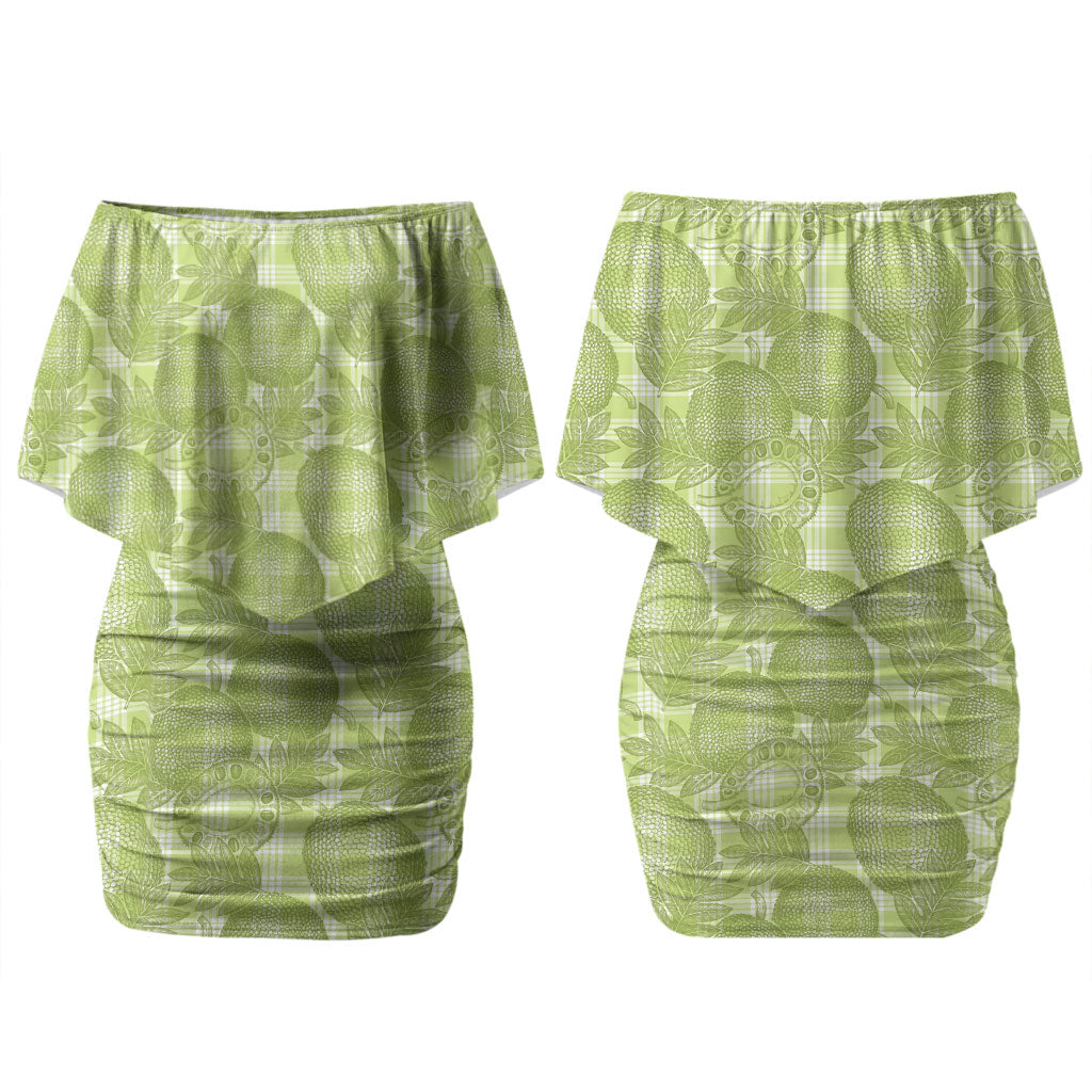 Omaomao Hawaii Breadfruit Palaka Motifs Family Matching Off Shoulder Short Dress and Hawaiian Shirt LT14 Mom's Dress Green - Polynesian Pride