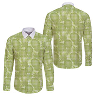 Omaomao Hawaii Breadfruit Palaka Motifs Family Matching Puletasi and Hawaiian Shirt LT14 Dad's Shirt - Long Sleeve Green - Polynesian Pride