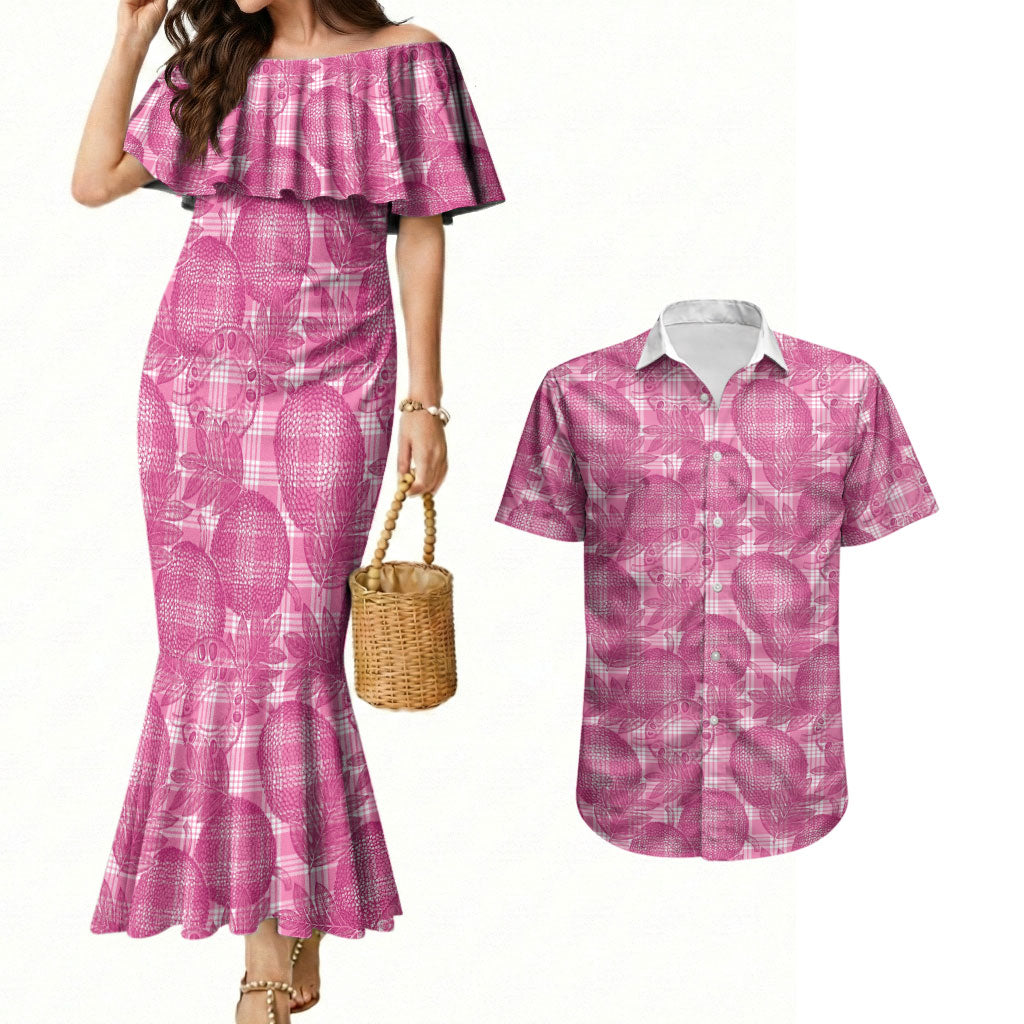 Alaka Hawaii Breadfruit Palaka Motifs Couples Matching Mermaid Dress and Hawaiian Shirt LT14 Pink - Polynesian Pride