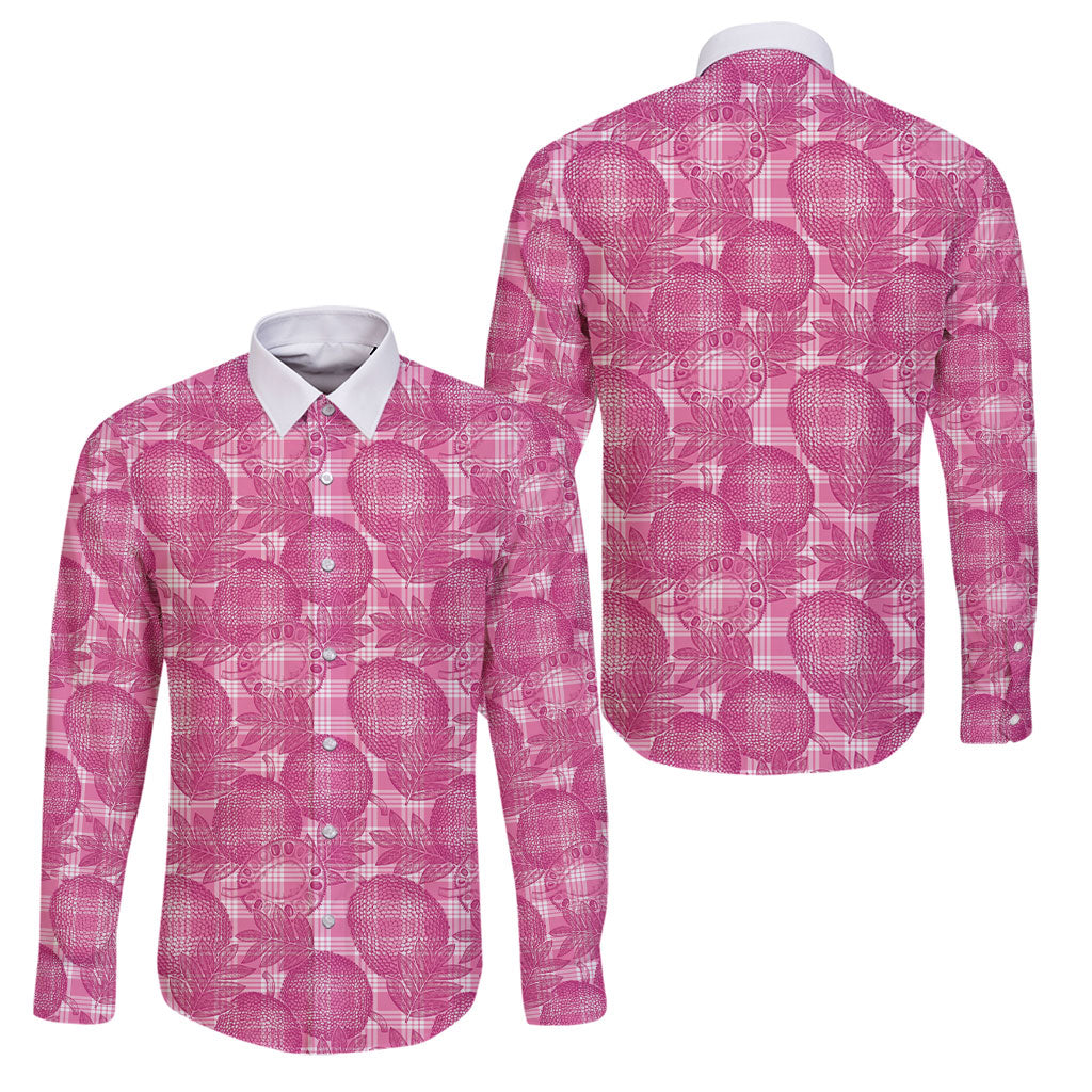 Alaka Hawaii Breadfruit Palaka Motifs Family Matching Off The Shoulder Long Sleeve Dress and Hawaiian Shirt LT14 Dad's Shirt - Long Sleeve Pink - Polynesian Pride