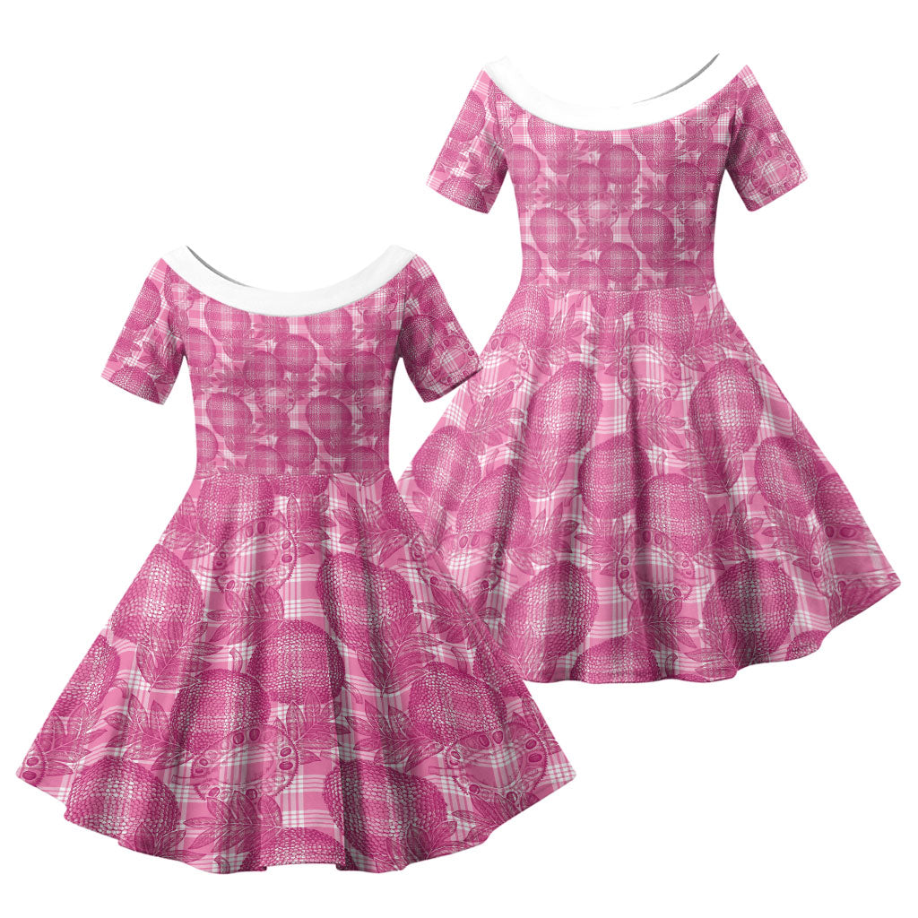 Alaka Hawaii Breadfruit Palaka Motifs Family Matching Puletasi and Hawaiian Shirt LT14 Daughter's Dress Pink - Polynesian Pride