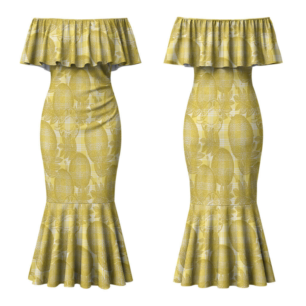 Melemele Hawaii Breadfruit Palaka Motifs Family Matching Mermaid Dress and Hawaiian Shirt LT14 Mom's Dress Yellow - Polynesian Pride