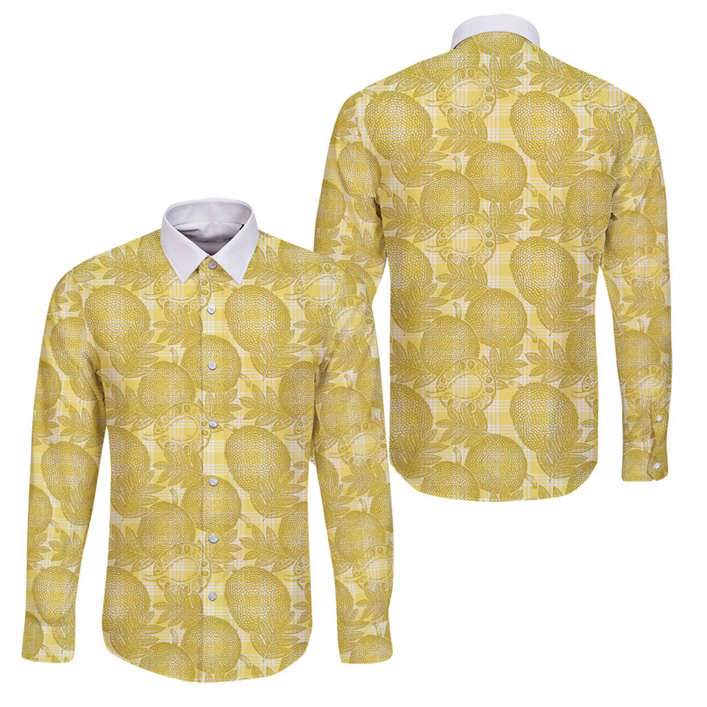 Melemele Hawaii Breadfruit Palaka Motifs Family Matching Mermaid Dress and Hawaiian Shirt LT14 Dad's Shirt - Long Sleeve Yellow - Polynesian Pride