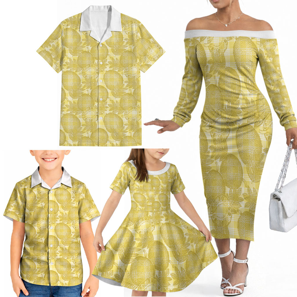 Melemele Hawaii Breadfruit Palaka Motifs Family Matching Off The Shoulder Long Sleeve Dress and Hawaiian Shirt LT14 - Polynesian Pride