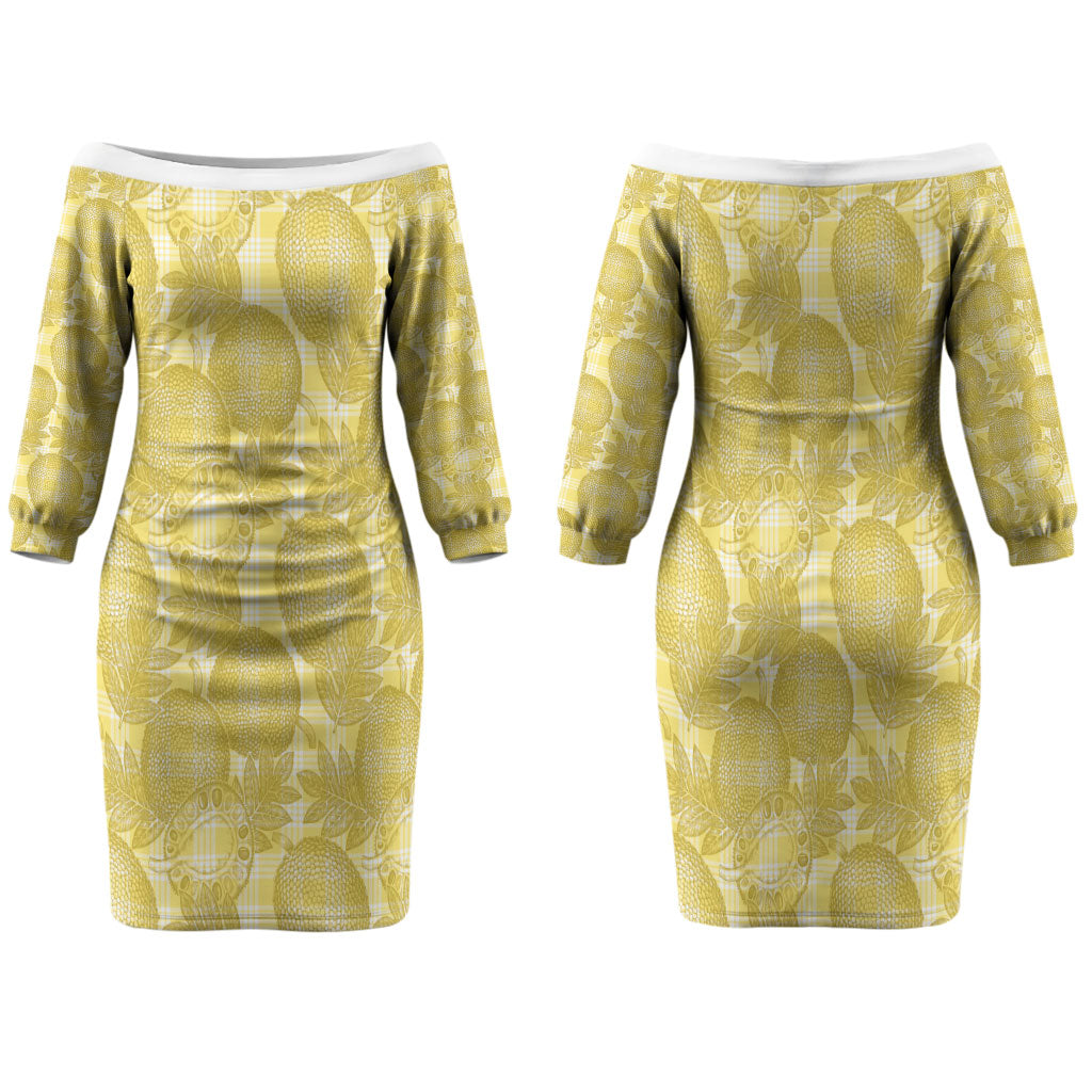 Melemele Hawaii Breadfruit Palaka Motifs Family Matching Off The Shoulder Long Sleeve Dress and Hawaiian Shirt LT14 Mom's Dress Yellow - Polynesian Pride