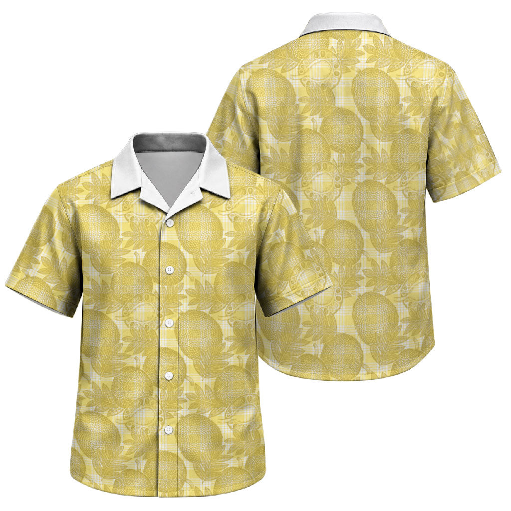 Melemele Hawaii Breadfruit Palaka Motifs Family Matching Off The Shoulder Long Sleeve Dress and Hawaiian Shirt LT14 Son's Shirt Yellow - Polynesian Pride