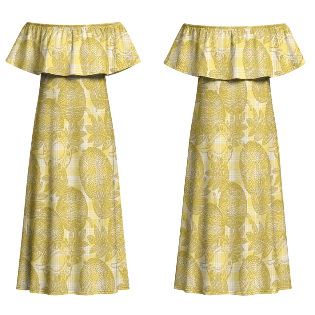 Melemele Hawaii Breadfruit Palaka Motifs Family Matching Off Shoulder Maxi Dress and Hawaiian Shirt LT14 Mom's Dress Yellow - Polynesian Pride