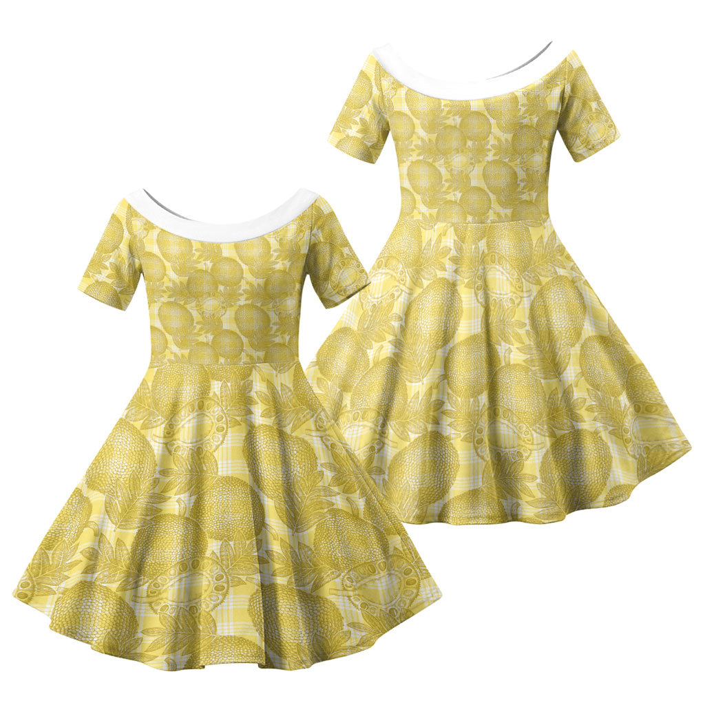 Melemele Hawaii Breadfruit Palaka Motifs Family Matching Short Sleeve Bodycon Dress and Hawaiian Shirt LT14 Daughter's Dress Yellow - Polynesian Pride