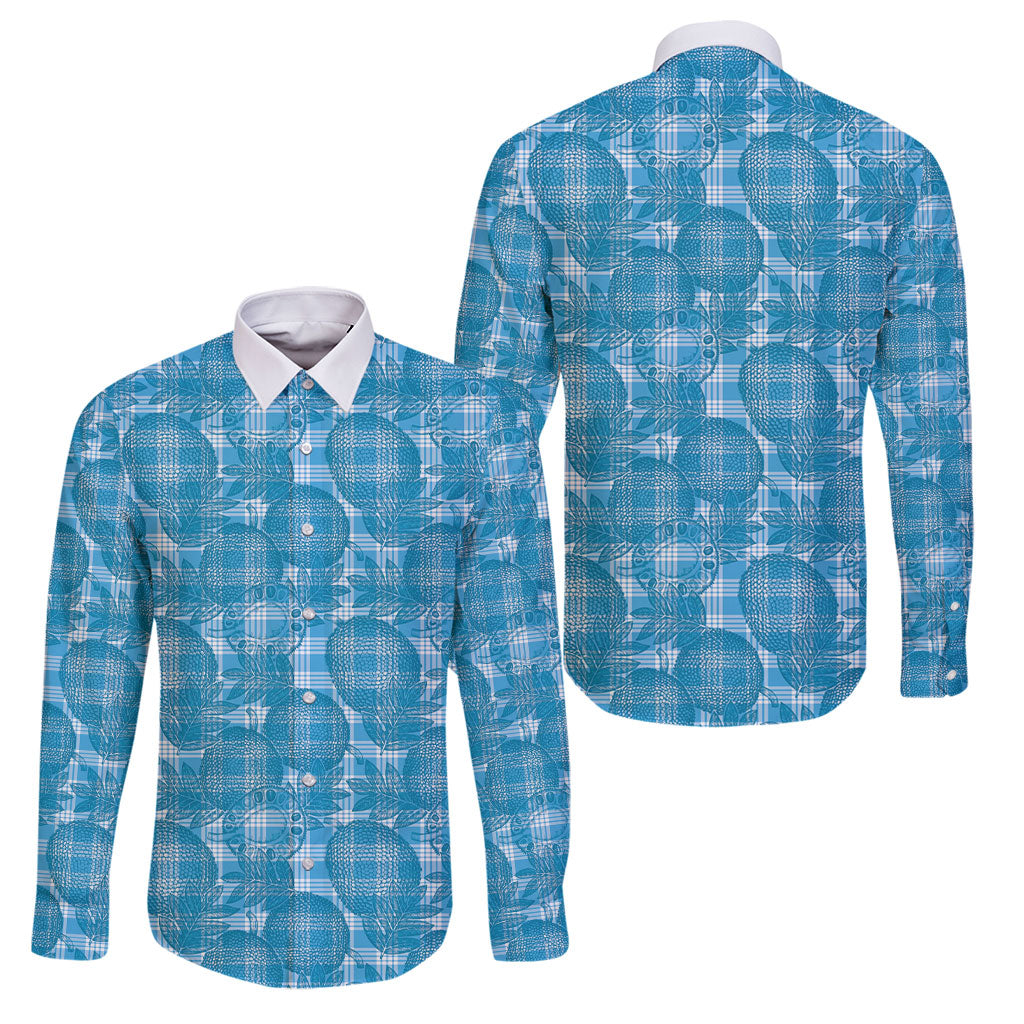 Polu Hawaii Breadfruit Palaka Motifs Family Matching Off The Shoulder Long Sleeve Dress and Hawaiian Shirt LT14 Dad's Shirt - Long Sleeve Blue - Polynesian Pride