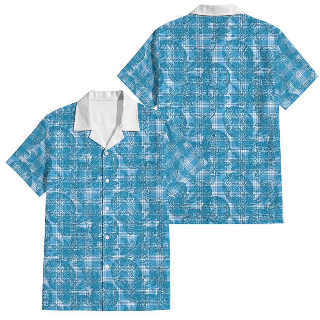 Polu Hawaii Breadfruit Palaka Motifs Family Matching Off Shoulder Maxi Dress and Hawaiian Shirt LT14 Dad's Shirt - Short Sleeve Blue - Polynesian Pride