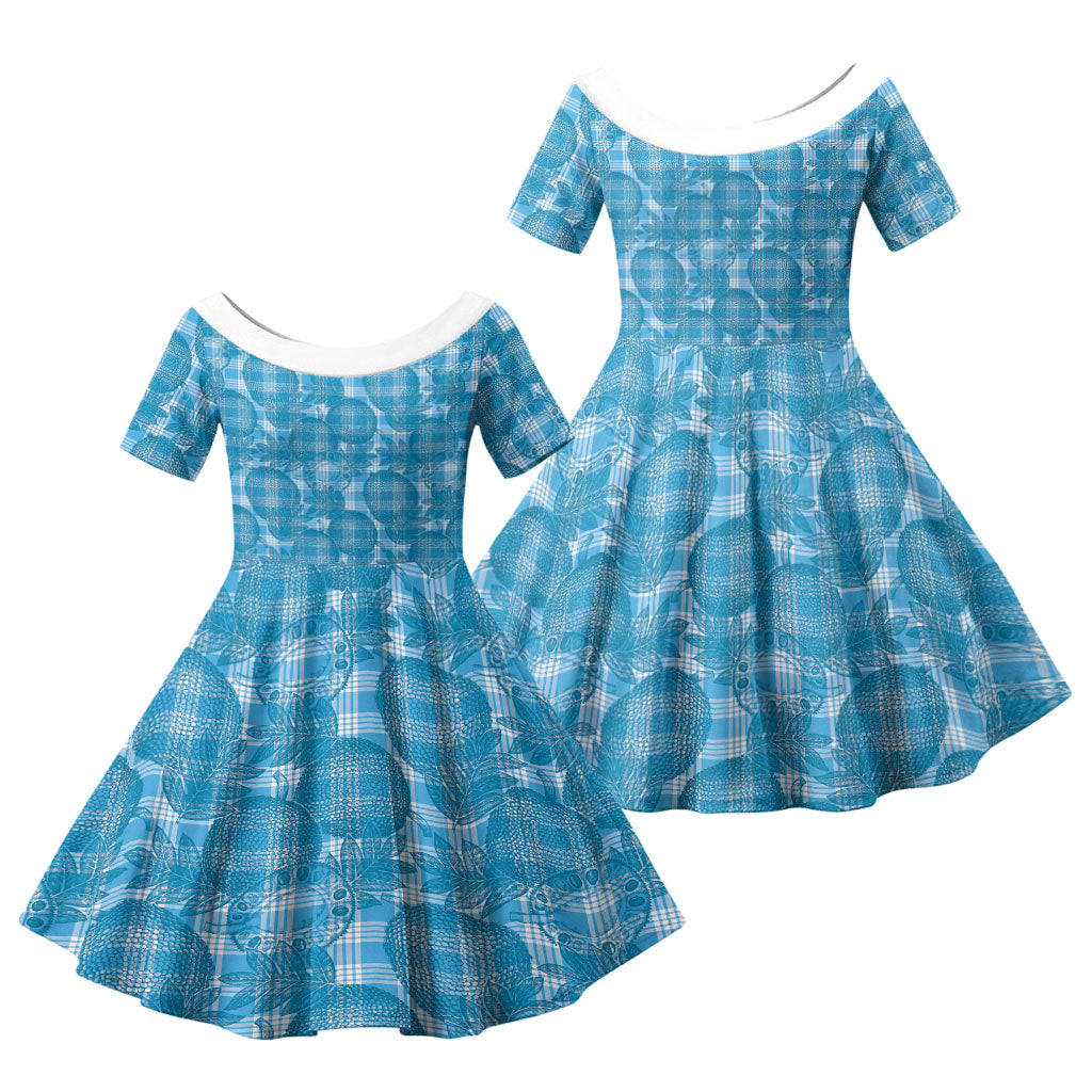 Polu Hawaii Breadfruit Palaka Motifs Family Matching Off Shoulder Maxi Dress and Hawaiian Shirt LT14 Daughter's Dress Blue - Polynesian Pride