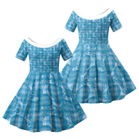 Polu Hawaii Breadfruit Palaka Motifs Family Matching Off Shoulder Maxi Dress and Hawaiian Shirt LT14 Daughter's Dress Blue - Polynesian Pride