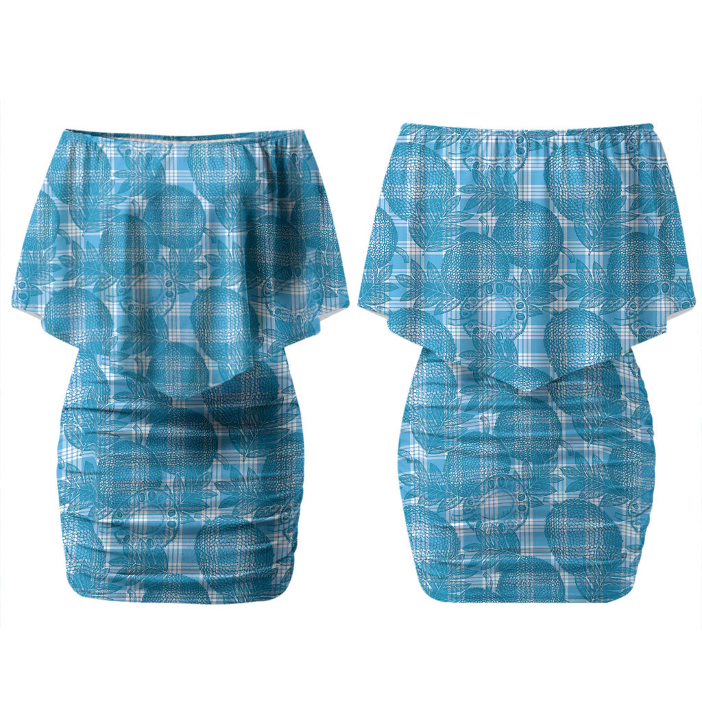 Polu Hawaii Breadfruit Palaka Motifs Family Matching Off Shoulder Short Dress and Hawaiian Shirt LT14 Mom's Dress Blue - Polynesian Pride
