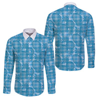 Polu Hawaii Breadfruit Palaka Motifs Family Matching Off Shoulder Short Dress and Hawaiian Shirt LT14 Dad's Shirt - Long Sleeve Blue - Polynesian Pride