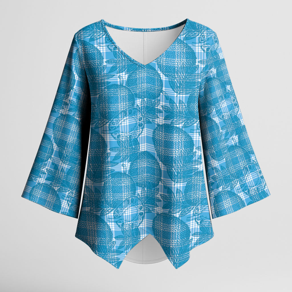Polu Hawaii Breadfruit Palaka Motifs Kimono Sleeve Blouse LT14 Female Blue - Polynesian Pride