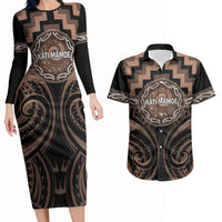 Aotearoa Kati Mamoe Personalised Couples Matching Long Sleeve Bodycon Dress and Hawaiian Shirt Maori Iwi Poutama Puhoro Tattoo LT14 Brown - Polynesian Pride