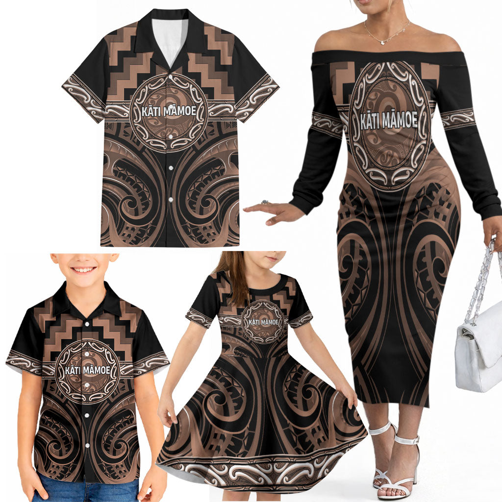 Aotearoa Kati Mamoe Personalised Family Matching Off The Shoulder Long Sleeve Dress and Hawaiian Shirt Maori Iwi Poutama Puhoro Tattoo LT14 - Polynesian Pride