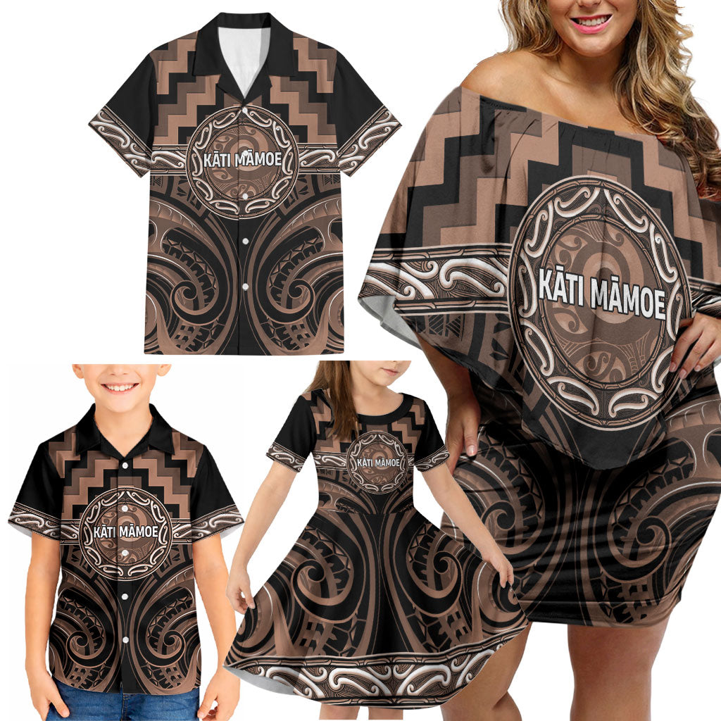 Aotearoa Kati Mamoe Personalised Family Matching Off Shoulder Short Dress and Hawaiian Shirt Maori Iwi Poutama Puhoro Tattoo LT14 - Polynesian Pride