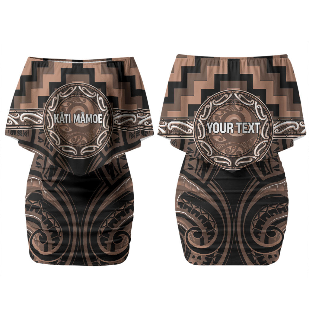 Aotearoa Kati Mamoe Personalised Family Matching Off Shoulder Short Dress and Hawaiian Shirt Maori Iwi Poutama Puhoro Tattoo LT14 Mom's Dress Brown - Polynesian Pride