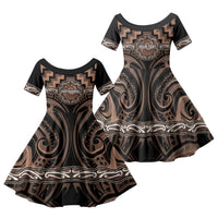 Aotearoa Kati Mamoe Personalised Family Matching Puletasi and Hawaiian Shirt Maori Iwi Poutama Puhoro Tattoo LT14 Daughter's Dress Brown - Polynesian Pride