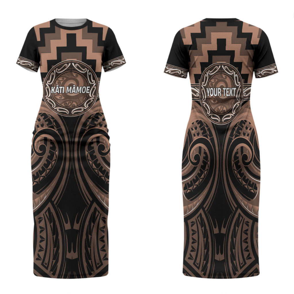 Aotearoa Kati Mamoe Personalised Family Matching Short Sleeve Bodycon Dress and Hawaiian Shirt Maori Iwi Poutama Puhoro Tattoo LT14 Mom's Dress Brown - Polynesian Pride
