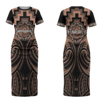 Aotearoa Kati Mamoe Personalised Family Matching Short Sleeve Bodycon Dress and Hawaiian Shirt Maori Iwi Poutama Puhoro Tattoo LT14 Mom's Dress Brown - Polynesian Pride
