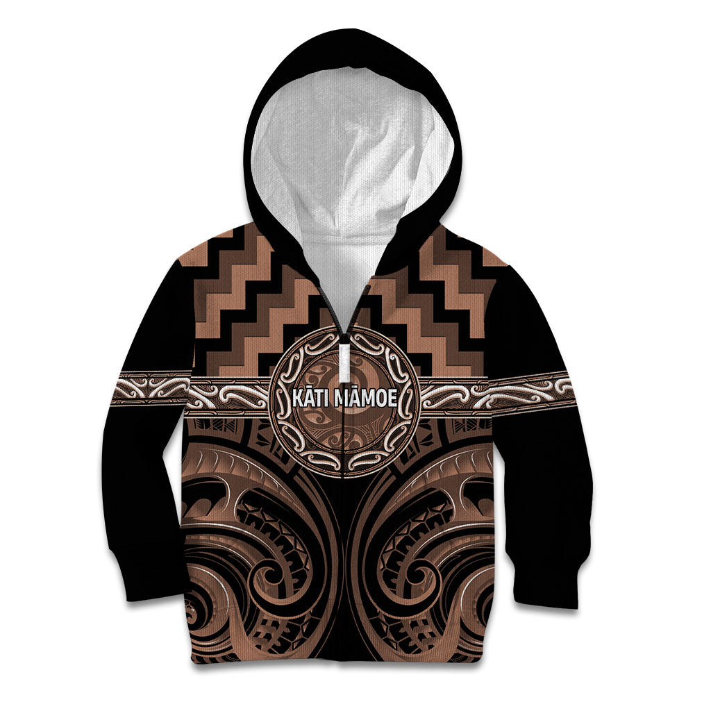 Aotearoa Kati Mamoe Personalised Kid Hoodie Maori Iwi Poutama Puhoro Tattoo LT14 Zip Hoodie Brown - Polynesian Pride