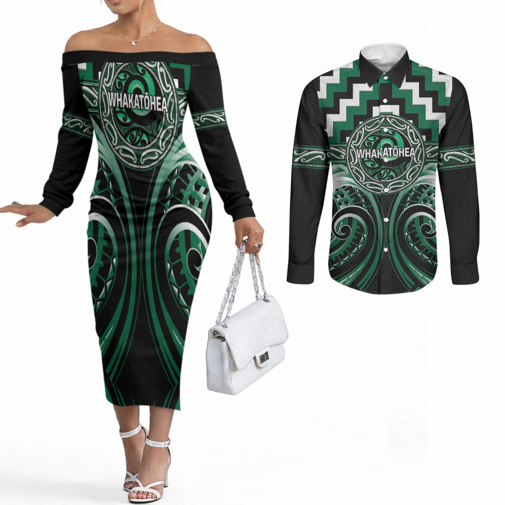 Aotearoa Whakatohea Personalised Couples Matching Off The Shoulder Long Sleeve Dress and Long Sleeve Button Shirt Maori Iwi Poutama Puhoro Tattoo LT14 Green - Polynesian Pride